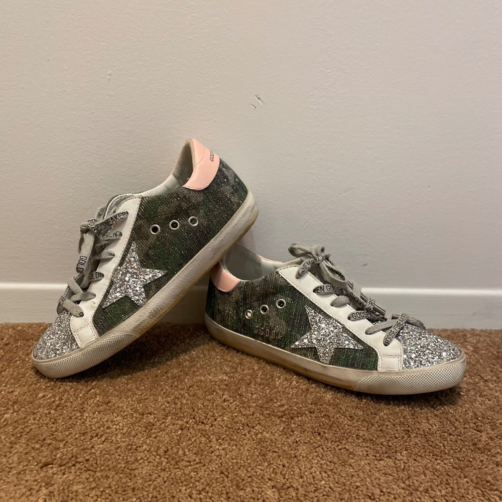 Golden Goose Superstar Sneaker Green Camo /Silver Glitter / Pink / size 36